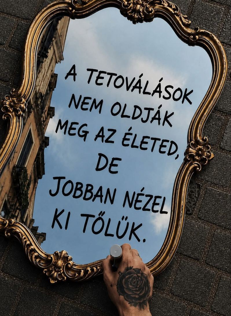 Aranykeretes tükör az utcán, a tükrön kézzel írt felirat a tetoválásokról, alul rózsa kézfej-tetoválás